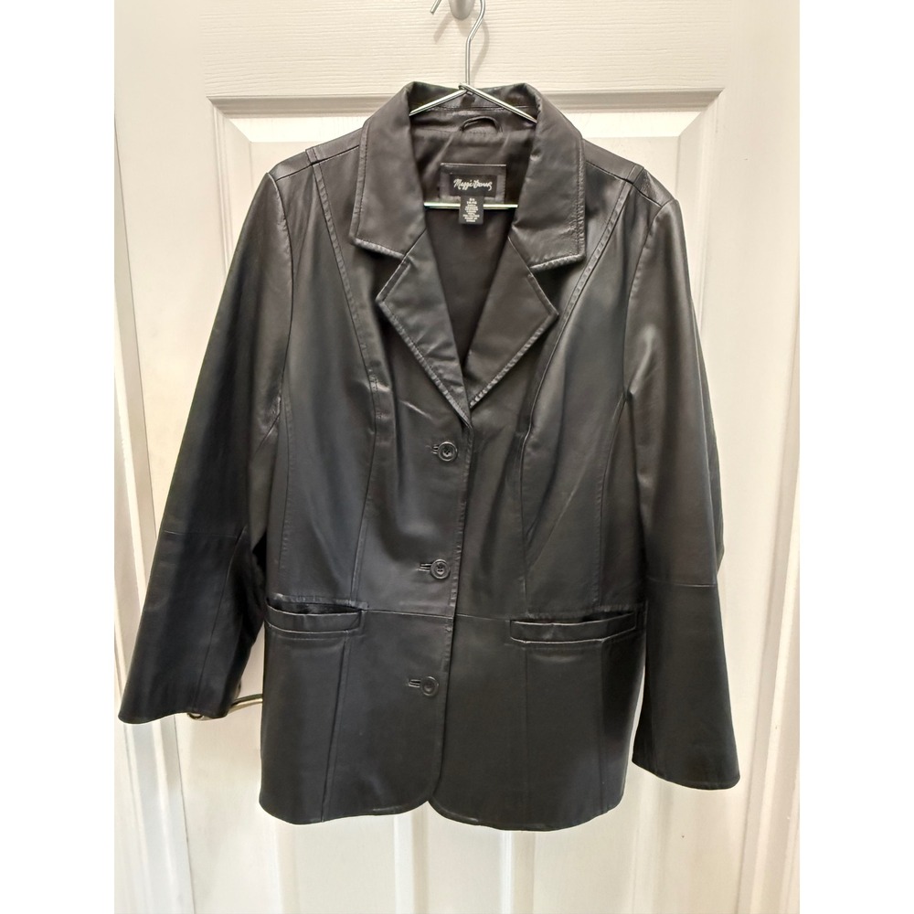 Maggie Barnes Women Black Genuine Leather Blazer Jacket Size 0X 14/16 Button Up